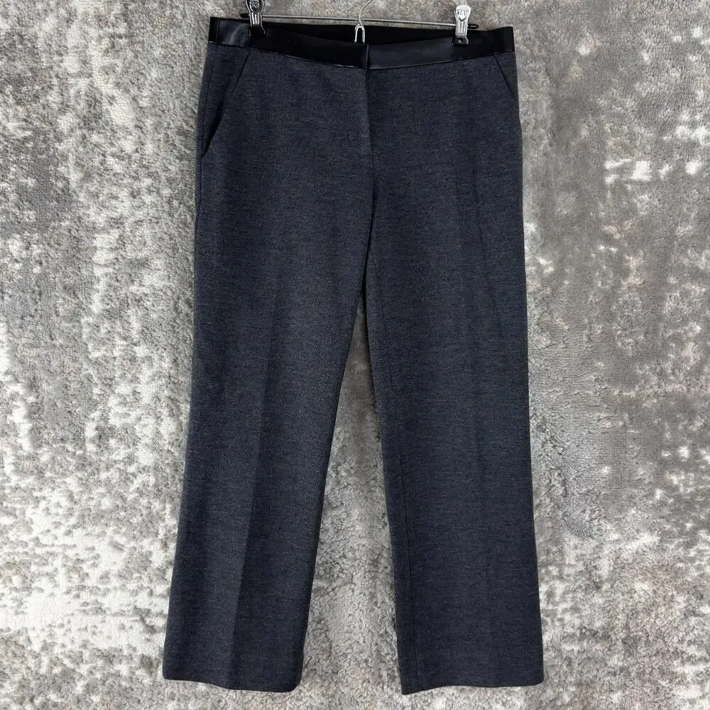 Tory Burch Sz S Wool Blend Faux Leather Trim Pants Gray‎ Button Zip Straight Leg